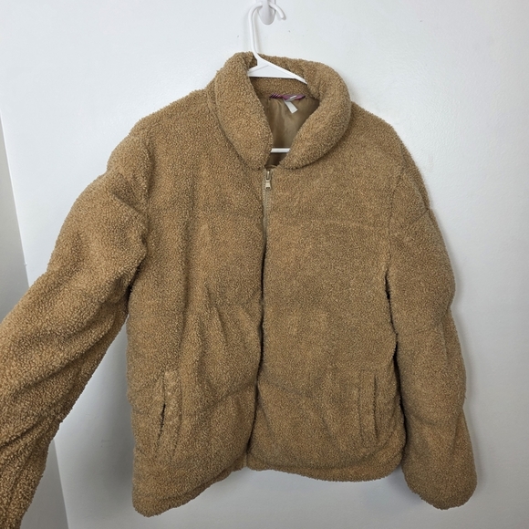 Platinum Cozy Tan Turtle Neck Outdoor Cute Puffer Sherpa Teddy Jacket Size Large - Picture 2 of 8